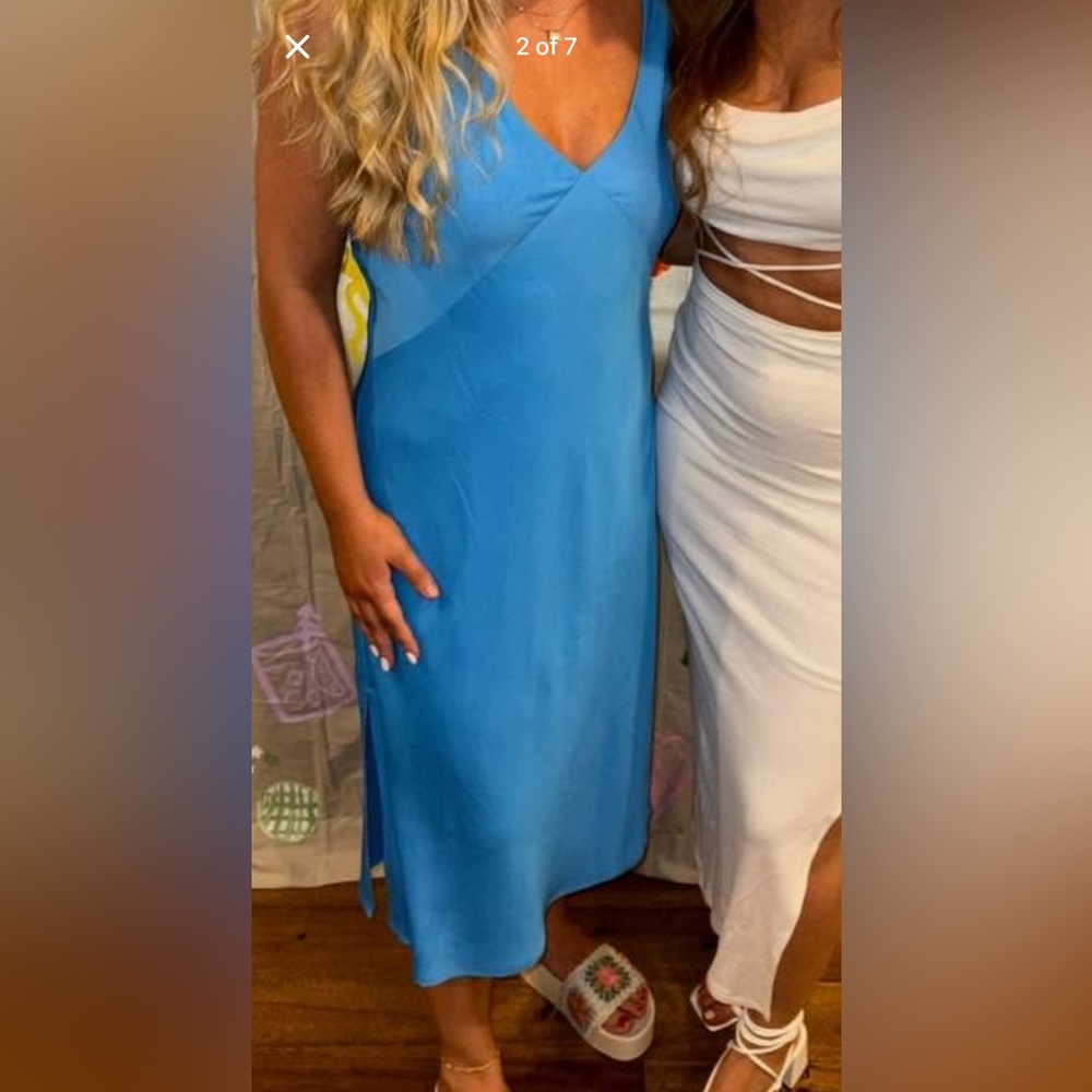 Blue  Sleeveless V-Neck dress